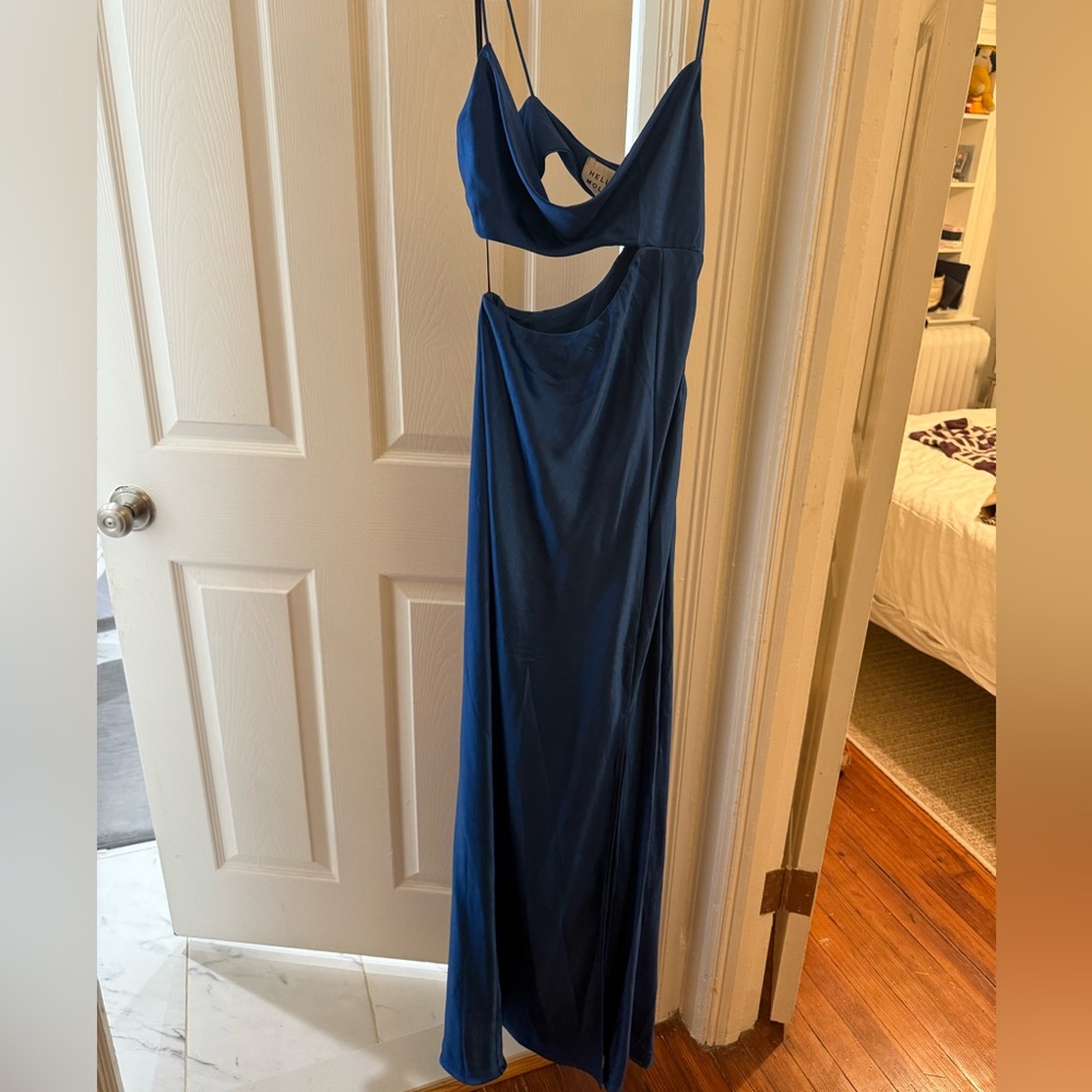 Hello Molly Oceanic Eyes Satin Royal Blue Cut Out Slit Sleeveless Maxi Dress S 4 - Picture 4 of 6
